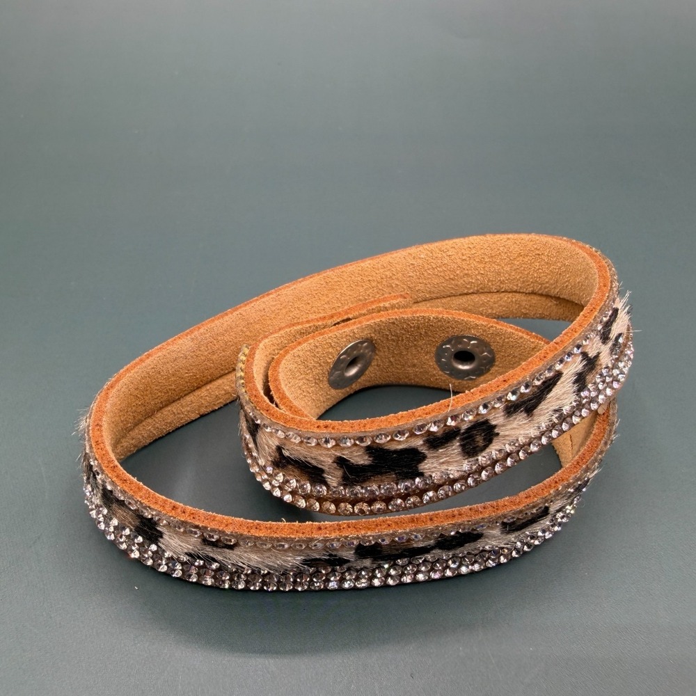 Leopard Print Rhinestone Wrap Bracelet Tan Suede Crystal Sparkle Boho Statement - Picture 4 of 13